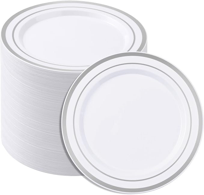 BESTSTAR 7 Inch White Plastic Plates,100PCS Disposable Dessert/Appetizer/Small Cake Plates with Silver Rim,Heavy Duty Plate Ideal for Wedding and Birthday
