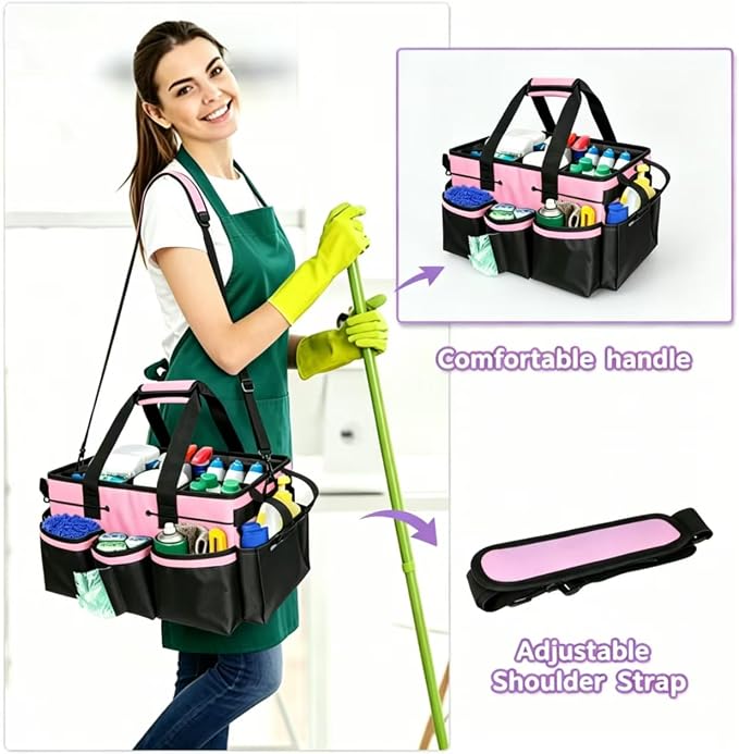 Wearable Cleaning Caddy Organizer with Handle & Adjustable Shoulder Strap 4 Foldable Compartments, Cleaning Supplies Caddy for Housekeepers, Car, Home, Hotel & Outdoor Cleaning Bag（Pink）