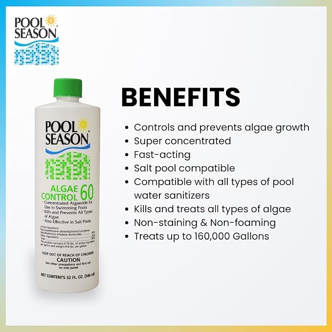 Polyquat 60 Algaecide for Swimming Pool, Highly Concentrated Pool Algaecide & Algae Killer for Black, Green & Mustard Algae, Inground & Above Ground Pools, Professional Grade Treatment, 32 oz
