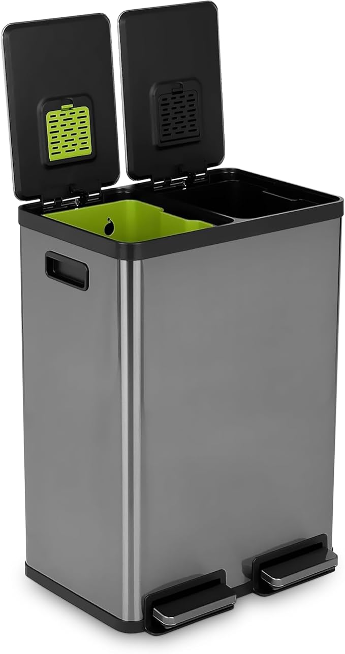 Simpli-Magic 16 Gallon (60L) Elegant Black Step Trash Can – Dual Compartment Kitchen Garbage Can with Waste & Recycling Bins – Slow-Close Lid, Odor Control, Hands-Free, Premium Stainless Steel