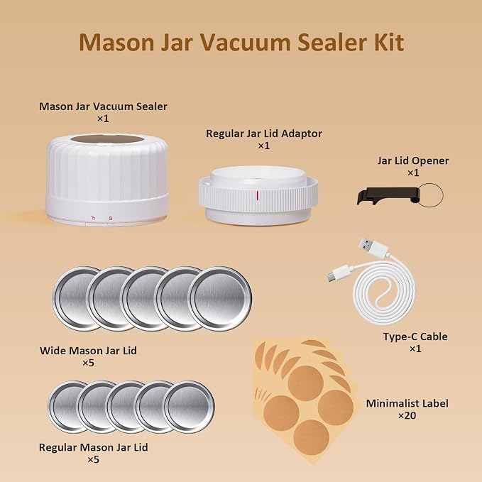 HTPOW Automatic Mason Jar Vacuum Sealer, One-Touch for Food Storage | Canning, pickling, one-touch operation, 1300mAh rechargeable battery, wide & regular mouth jar compatible