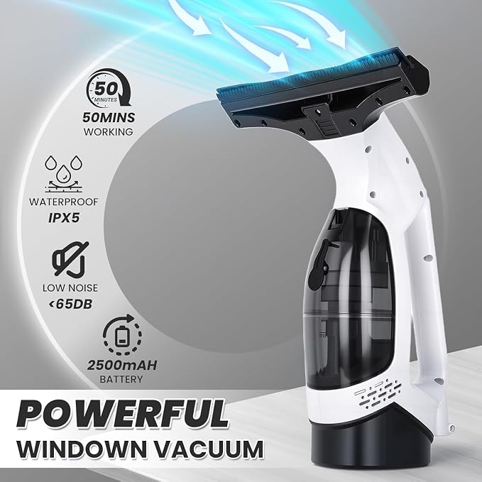Window Vacuum Squeegee Electric Window Cleaner Window Cleaning Tool with 150ml Dirty Water Tank, Extension Handle for Shower Glass, Window Cleaning Car Windows Tiles Mirrors Glass