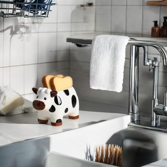 Ceramic Cartoon Cow Shape Sponge Holder for Kitchen Sink, Compact Sink Caddy Organizer, Sccouring Pad and Dish Sponge Holder