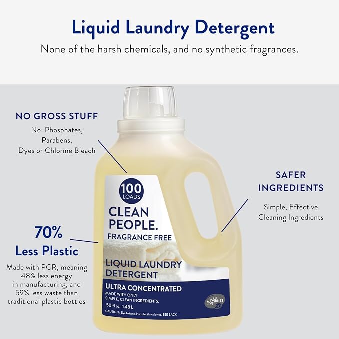 The Clean People Liquid Laundry Detergent - Recyclable Packaging, Stain Fighting - Ultra Concentrated, Laundry Soap - Fragrance Free, 50 fl oz
