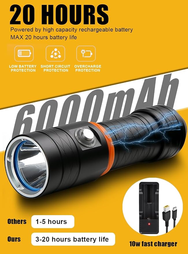 PFSN Scuba Dive Light 3500 Lumen, Underwater 150M Waterproof Diving Flashlight with 485M Narrow Beam, 20Hrs Runtime, Safety Lock Switch, Professional Rechargeable LED Dive Torch for Caving, Snorkeling