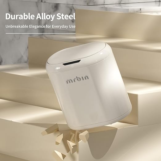 MRBIN Automatic Trash Can for Bathroom, Metal Touchless Garbage Bin with Lid, 3.2 Gallon Small Slim Trash Can for Office and Kitchen, Electric Motion Sensor Bedroom No Touch Bin, Cream White