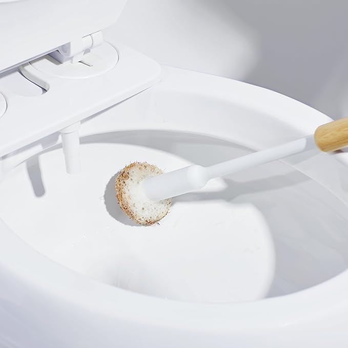 TUSHY Toilet Brush 2.0 Set | with Cleanser-Infused Pads and Holder | Disposable Planet Friendly Refills | Includes 8 Lemon and Tea Tree Coconut Husk Scrubbing Pads