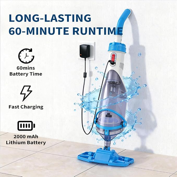 Cordless Handheld Pool Vacuum with Telescopic Pole, Rechargeable Handheld Hot Tub SPA Pool Cleaner Vacuum for Above Ground/Inground Pools, 18.5GPM Powerful Suction, Running time up to 1H