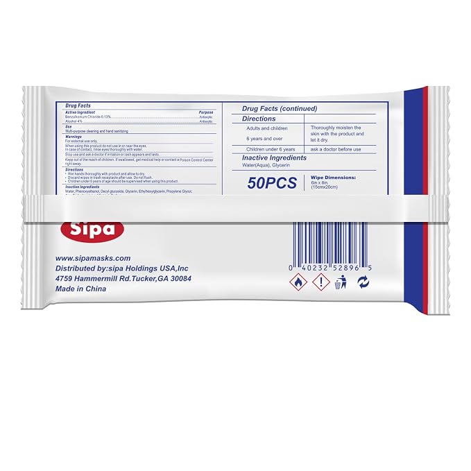SIPA Hand Sanitizing Wipes 50 WIPES Bag, Clean-to-go, Travel Size, Fresh Scent, Soft Textured Wipes, Total 2250 Pieces (50 Count (Pack of 45))