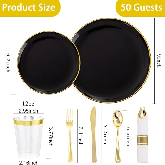 KIRE 350 PCS Plastic Dinnerware Set for 50 Guests - Black and Gold Plates 50 for Dinner 50 for Dessert & 50 Pre Rolled Napkins with Disposable Silverware 50 Cups for Graduation/Wedding/Father's Day