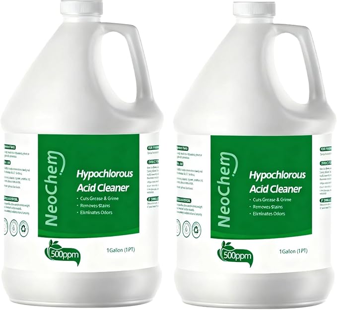 Hypochlorous Acid Spray For Cleaning, 500ppm Hypochlorous Acid,Cuts Grease, Removes Stains, Eliminates Odors - No Rinse, No Harsh Fumes, Biodegradable (1Gallon*2)