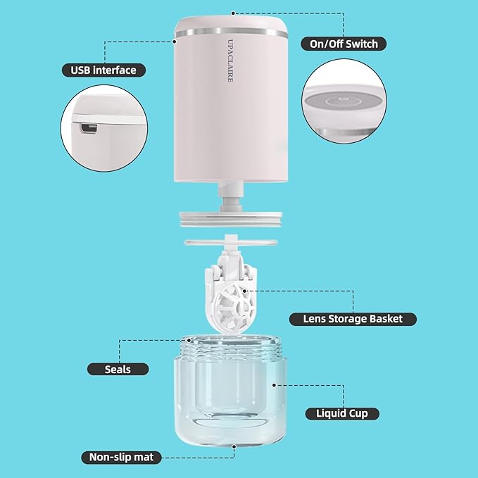 Portable Ultrasonic Contact Lens Cleaner with USB Charger and Solution Soak Case - Soft, Colored,