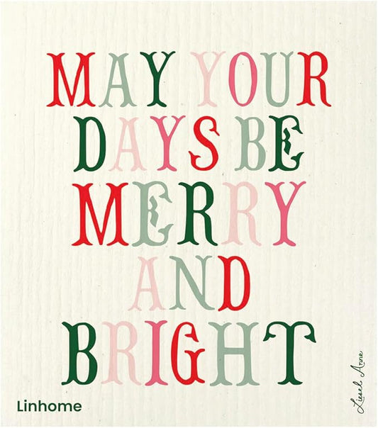 Christmas Holiday Swedish Dishcloth, Reusable Paper Towel, Super Absorbent Cellulose Sponge, Washable Kitchen Cleaning Cloth (Merry & Bright - 1 Pack)
