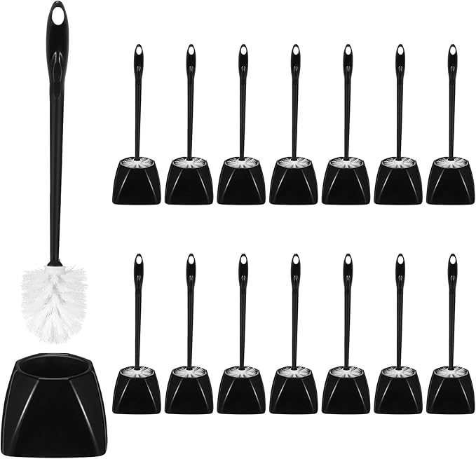 FoldTier 15 Sets Toilet Holder and Brush Set 16.14 Inch Toilet Bowl Cleaner Brush with Caddy Bathroom Scrub Plastic Scrubber with Long Handle for Bathroom Cleaning, Easy to Assemble (Black)