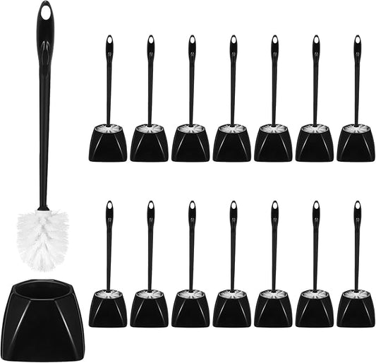 FoldTier 15 Sets Toilet Holder and Brush Set 16.14 Inch Toilet Bowl Cleaner Brush with Caddy Bathroom Scrub Plastic Scrubber with Long Handle for Bathroom Cleaning, Easy to Assemble (Black)