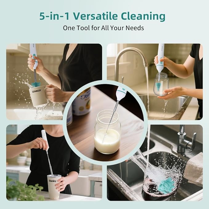 Electric Bottle Brush Cleaner,6-in-1 Portable Electric Baby Bottle Brush Cleaner for Travel, Rechargable Travel Bottle Cleaner Kit with Nipple & Straw Brush,Ideal Gift for Parents & Babies