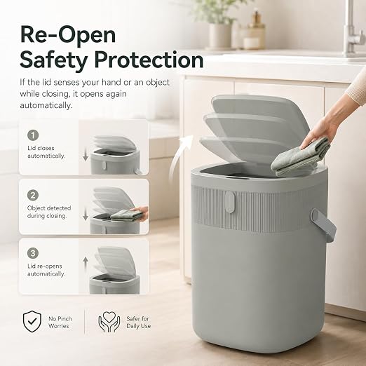 WM-DZT-12-36S Smart Motion Sensor Trash Can, Ultra-Quiet Soft-Close | Long Battery Life | Built-in Bag Storage & Portable PU Handle (Greyish Green)