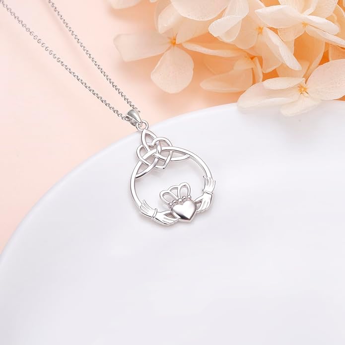 FLYOW 925 Sterling Silver Good Luck Irish Jewelry Celtic Knot Pendant Necklace for Women Birthday Graduation Gift