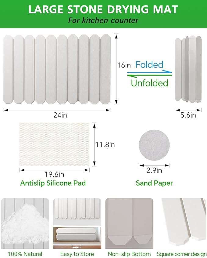 White Stone Drying Mat for Kitchen Counter, Diatomaceous Dish Drying Mat 16x24 Inch, Fast-Absorbing Quick-Dry Non-Slip Sink Tray