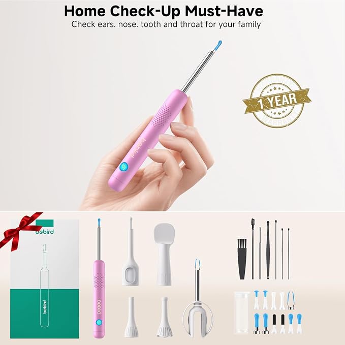 BEBIRD R1 Ultra Ear Wax Removal, Ear Cleaner with Camera Ear Scope, Wax Remove Ear Pick with Ear Otoscope Tweezers, Visual Dropper Cleaning Kit, Ear/Nose/Throat Examination Tool for Family, Pink
