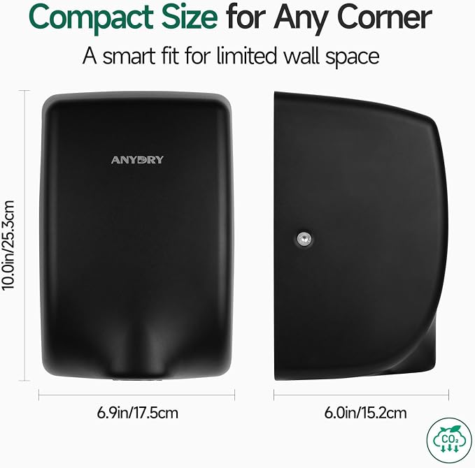 anydry Compact Hand Dryer, High-Speed 1350W Airflow, Matte Black Finish, Space-Saving for Commercial & Home Use, Model AD2803Y