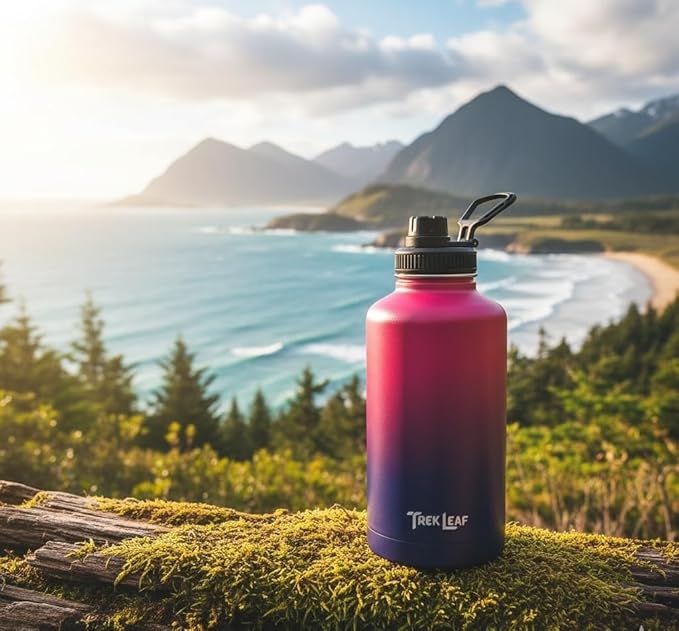 Travel Water Bottle with Carrying Bag, 3 Lids (Spout, Straw, Handle), and Bottle Brush; Leak Proof, Quality, Vacuum Insulated, Stainless Steel (Mixed Berry, 64 oz)