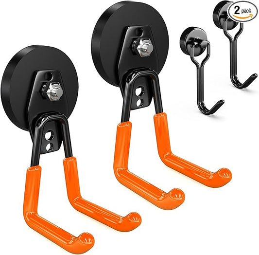 3-H Extra Strong Magnetic Hooks,Heavy Duty Large Anti-Slip Magnet Hooks,No-Drill Tool Holder for Garage,Power Drill,Garden Tools,Hose Storage,2 Pack Orange
