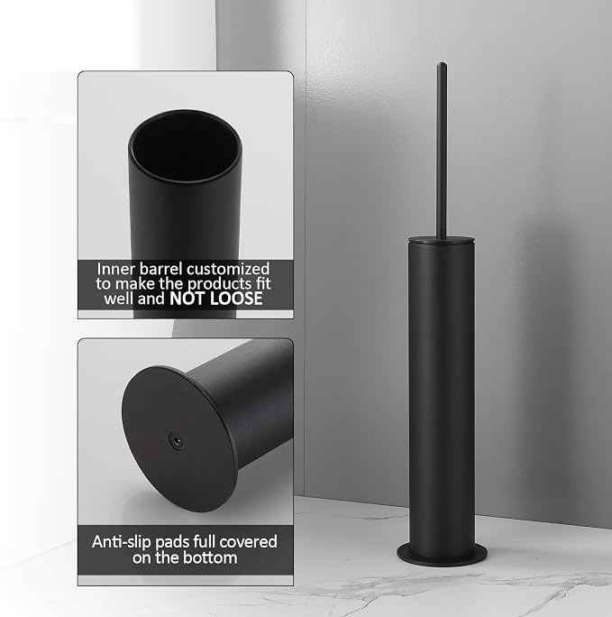 BGL Toilet Brush with Holder Set Matte Black Aluminium Standing for Bathroom Toilet Bowl Cleaner Brush and Holder Set, Round Design