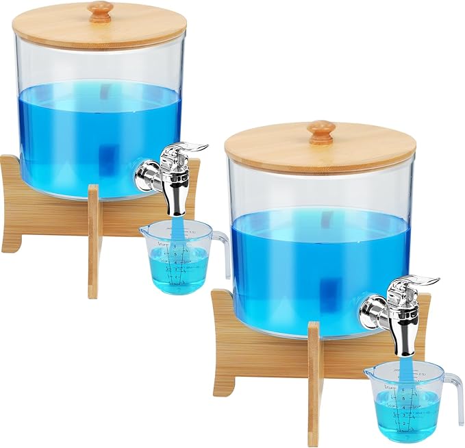 Laundry Detergent Dispenser*2 with Shelf & Bamboo Lid for Liquid Detergent, Laundry Soap Scent Booster & Fabric Softener Dispenser for Laundry Room Organization and Storage with 2 Cups & 20 Labels