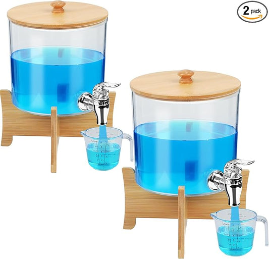 Laundry Detergent Dispenser*2 with Shelf & Bamboo Lid for Liquid Detergent, Laundry Soap Scent Booster & Fabric Softener Dispenser for Laundry Room Organization and Storage with 2 Cups & 20 Labels