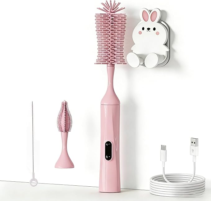 Rechargeable Electric Bottle Brush with 2 Speeds Powerful Automatic Bottle Cleaner,BPA-Free Silicone Spinning Design, Wall Mount & Straw Cleaner,Suitable for Baby Bottles & Kitchen (Pink+Pink)