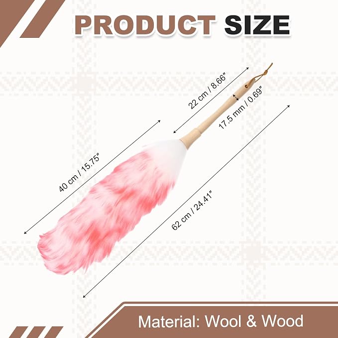uxcell Wool Duster, 24.4" Natural Feather Cleaner Household Cleaning Duster with Solid Wooden Handle for Cleaning Fans Window Blinds Shelves Furniture, White Pink
