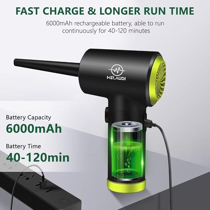 Compressed Air Duster, 3-Speed Cordless Electric Air Duster with LED Light, 100,000 RPM Air Blower, 6000mAh Rechargeable Battery, 7-Piece Accessory Set