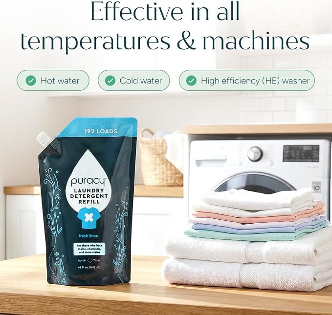 Puracy Laundry Detergent Refill - Enzyme-Powered Liquid Laundry Detergent Concentrate, Natural Laundry Detergent Seen on TikTok, Non-Toxic (Fresh Linen, 48 fl oz, 192 Loads)