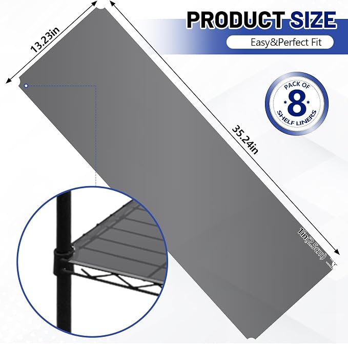 Sliner 8 Pack 14 x 36 Inch Wire Shelf Liner Gray Plastic Waterproof Liners for Organizing Metal Rack Shelves, Kitchen Cabinets, Cupboard, Pantry
