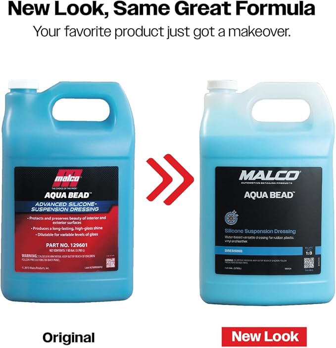 Malco Aqua Bead Water Based Dressing - Non-Greasy Interior and Exterior Dressing/Shines Car Tires, Rubber, Plastic and Trim/Concentrated Formula, Dilutable for Variable Gloss / 1 Gallon (129601)