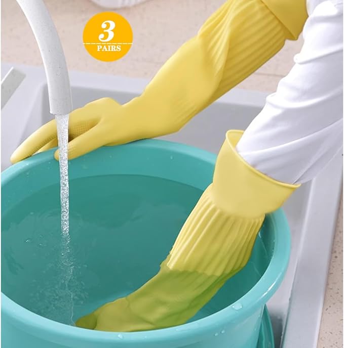 6 - Pair 17.8 - Inch Elbow - Length Reusable Rubber Waterproof Household Cleaning and Kitchen Dishwashing Gloves - Large Size