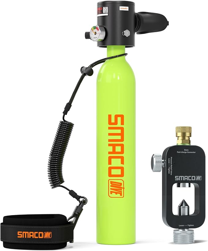 SMACO Mini Scuba Tank 0.5L Portable Small Diving Tank for Underwater Breathing Reusable Diving Cylinder Lung Air Tank for Emergency Rescue Boat Cleaning Backup Air Source Pony Bottle S300