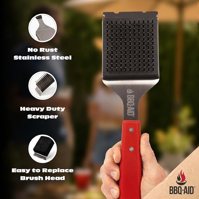Wire Brush & Scraper for BBQ Grill Cleaning with Replaceable Head - Red | Heavy-duty stainless steel with a long acacia wood handle for better grip and a convenient replaceable head.