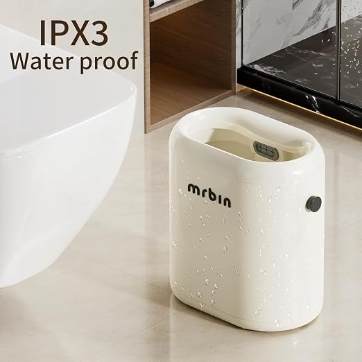 MRBIN Small Bathroom Trash Can with Lid, Automatic Adsorption Open Top 3.2 Gal Touchless Motion Sensor Waste Basket, Slim Decor Garbage Bin for Bedroom, Office, Cream White