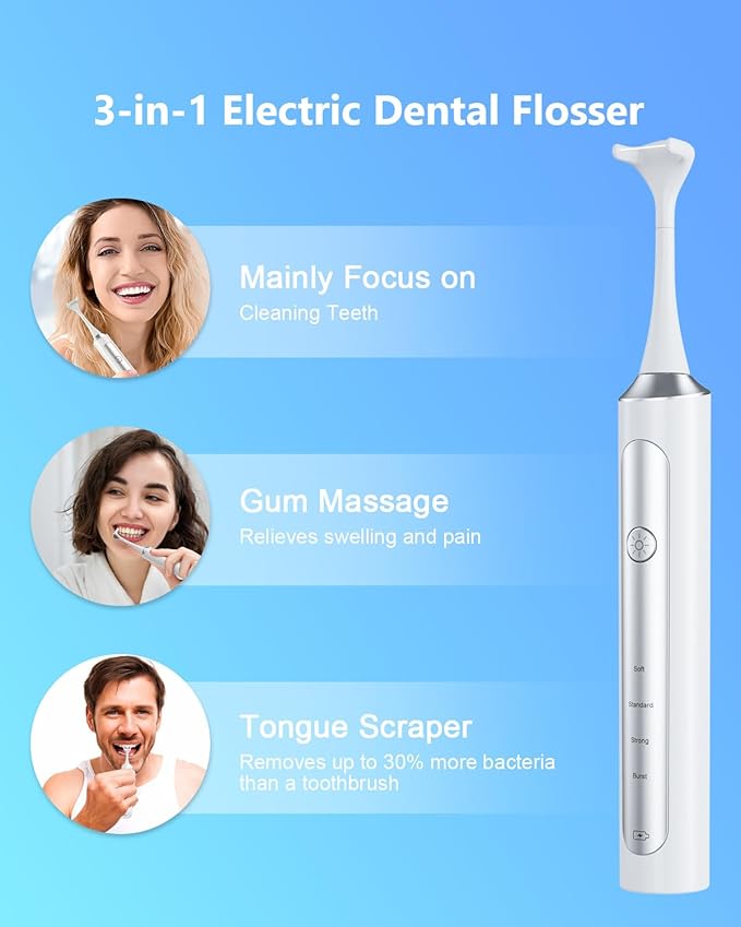 Rechargeable Electric Flosser for Teeth, 4-Speed Power Dental Flosser with 60 Refill Heads & Tongue Cleaner, IPX7 Waterproof,Gentle Gum Care for Adults and Kids, Water Flosser Alternative
