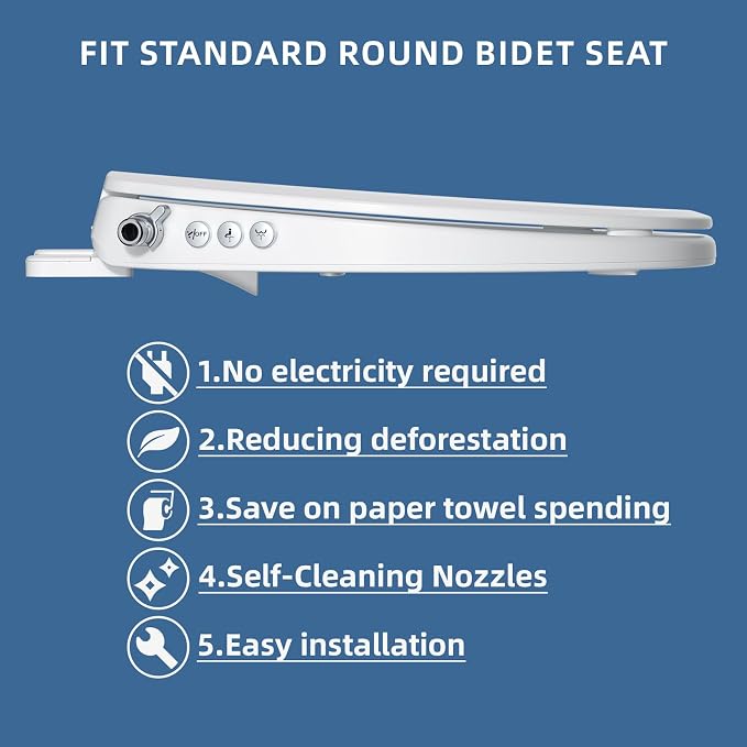 Clirass Bidet Toilet Seat, Soft Close Round Toilet Seat, Button control Feminine/Posterior Wash Switch, Knob Control Water Pressure,White Bidet Seat Attachment with Brass inlet