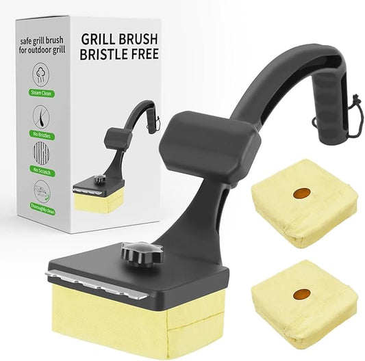 Sponge Grill Brush for Outdoor Grill, Upgraded Safe Bristle Free Grill Brush with Scraper Replaceable Head, BBQ Cleaning Brush for Dad, 1+2 Pcs
