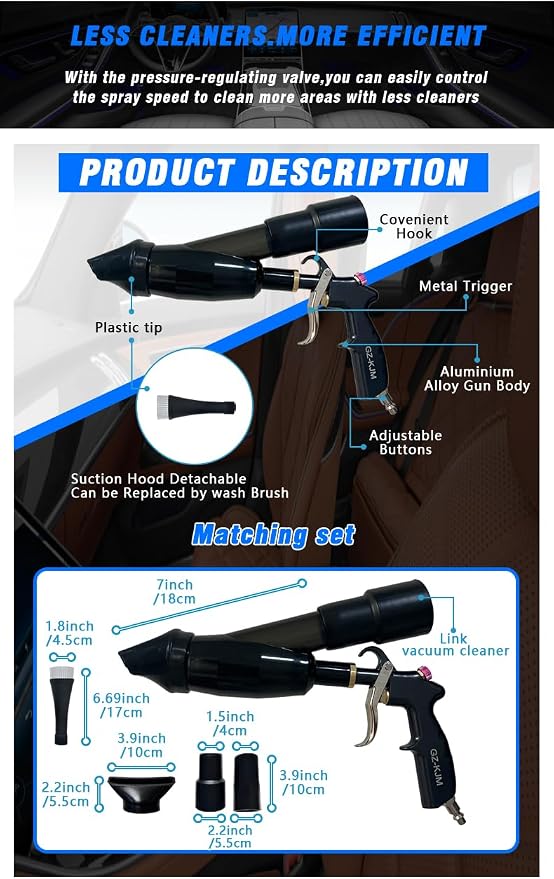 Car Cleaning Gun High Pressure Air Blow Gun with Suction Hood Detailing Interior Dryer Blower Gun Auto Detailing Kit Tools for Quickly Blasts Dirt and Dust from Surface