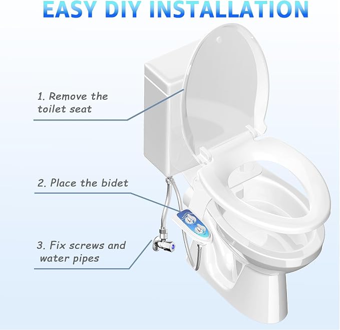 Toilet Seat Elongated + Bidet Attachment Blue, 3 Wash Modes + Water Adjustable, Quiet Toilet Attachment Save Energy