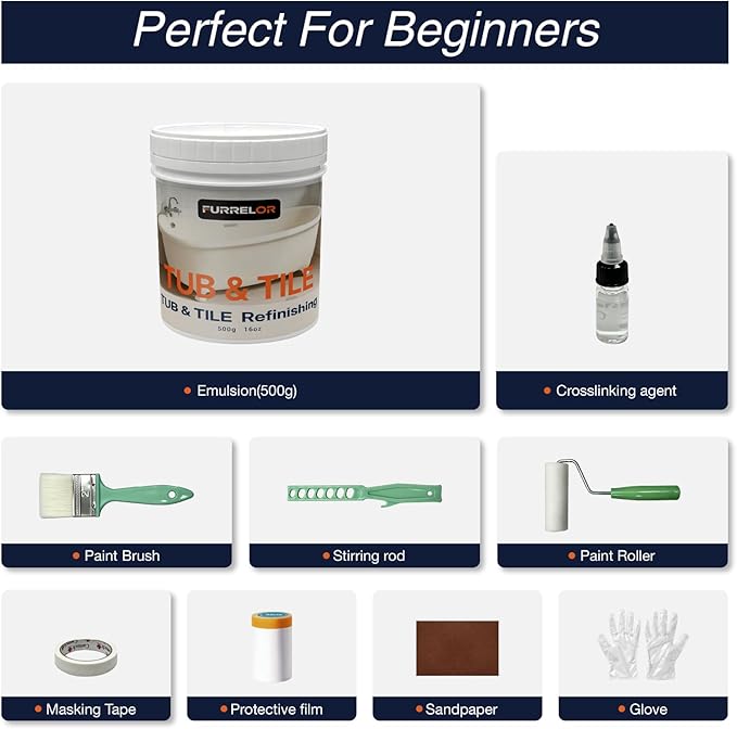 Tub and Tile Refinishing Kit, Tub Paint 16oz with 10pcs Tools, Tile Paint Kit Shower Bathtub Paint Water Based & Low Odor, Easy to Use Sink for Bathroom Kitchen, Semi-Gloss Black, 25-30sq.ft