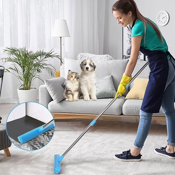Landhope Fur Remover Broom, Rubber Broom with Squeegee Long Handle, 50 inches Sweeping Rug Brush Clean Carpet Windows Wooden Floor Sofa Bathroom Rugs Car Floor No Scratch