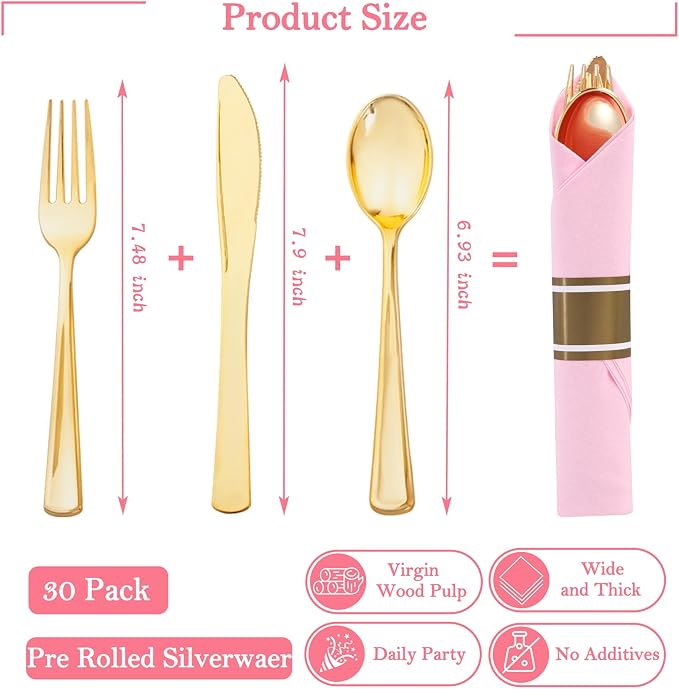 Supernal Gold Plastic Silverware Set with Pre Rolled Pink Napkin-Disposable Cutlery with Pink Linen Napkin Gold, Wrapped Plastic Silverware Heavy Duty Suit for Birthdays, Parties, Weddings 30Packs