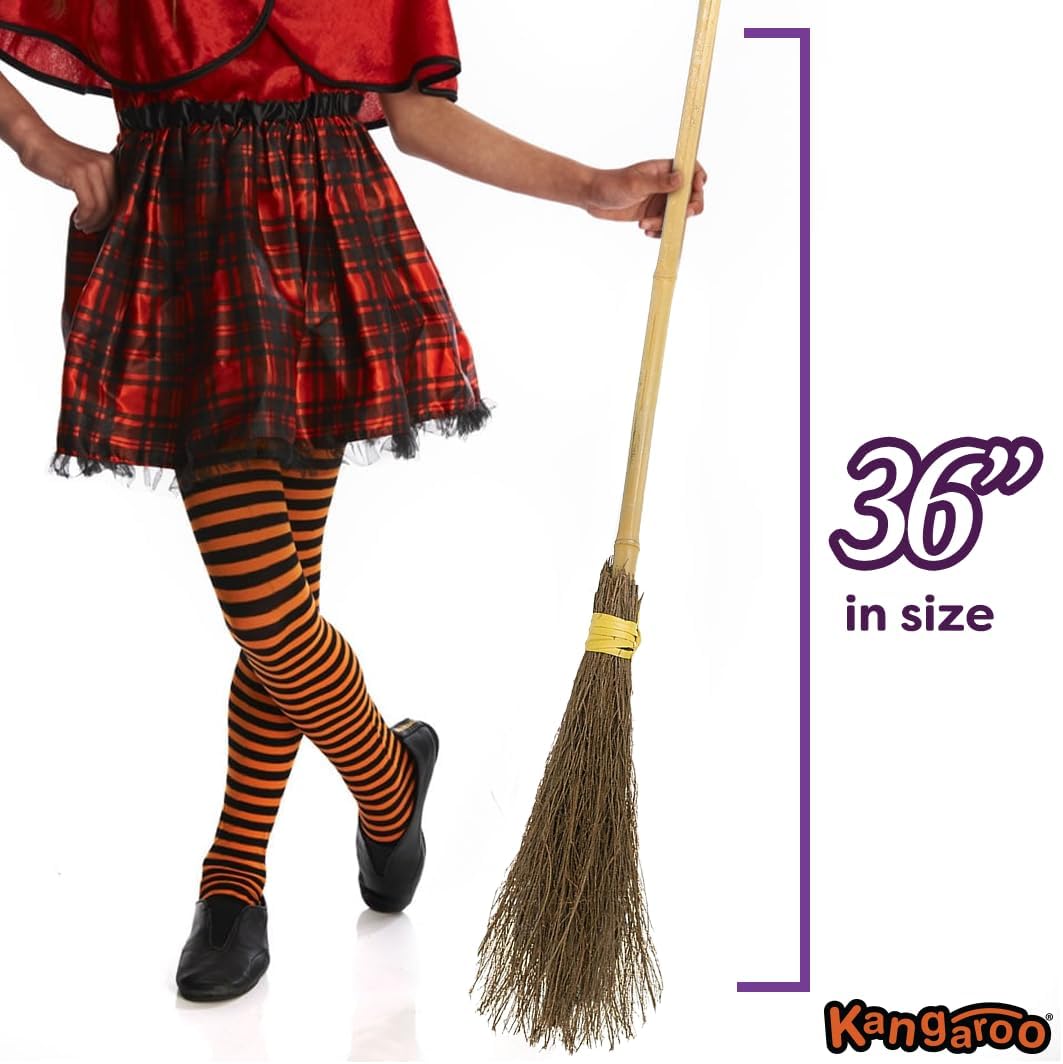 Kangaroo 36" Bamboo Witch Broom Prop - Wizard Staff Witch Broomstick Magic Broom for Kids, Teens & Adults - Halloween Porch Decor Front Outdoor Fall Decoration - Witches Costume Accessory