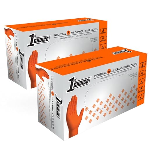 1st Choice 6 mil Orange Gloves, Disposable, Latex Free, Raised Diamond Grip, Mechanic Glove for Men, XXLarge, 2 Boxes of 100